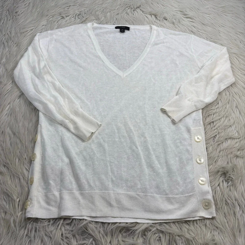 J.crew Women's XS Relaxed V-Neck Linen Blend Sweater Side Buttons Coastal Preppy